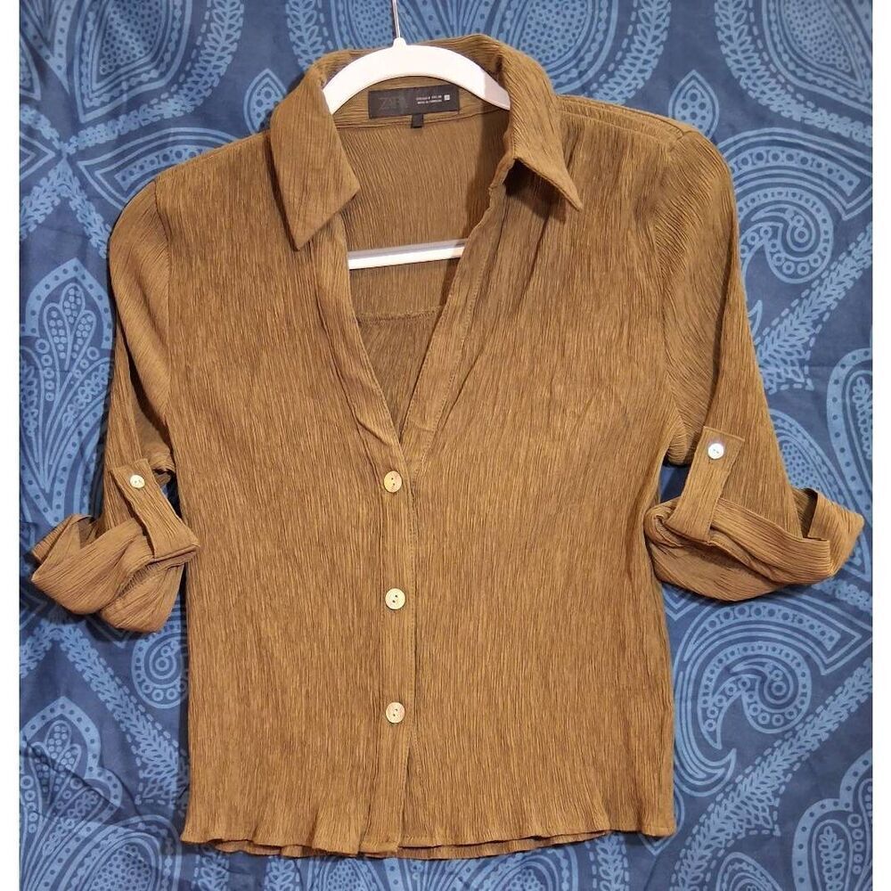 Zara womens small camel tan shirt tab sleeve crinkled caramel
